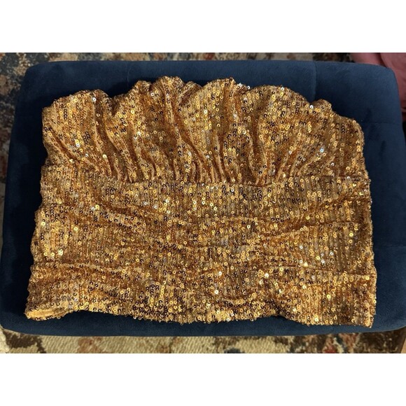 Free People XS Ta Da Sequin Embellished Crop Top Gold No Straps Y2K Party Club - Picture 11 of 16